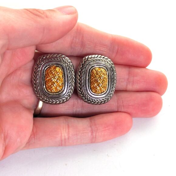 Vintage Premier Designs Gold Braided Rope Silver Textured Clip On Earrings - Picture 4 of 4